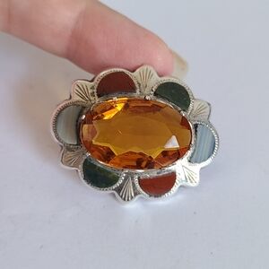 Antique Boho Scottish Sterling Silver Citrine Agate Gemstone Inlay Brooch Pin